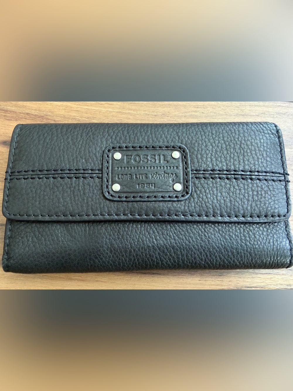 Fossil Black Leather Wallet with Embossed Plate
